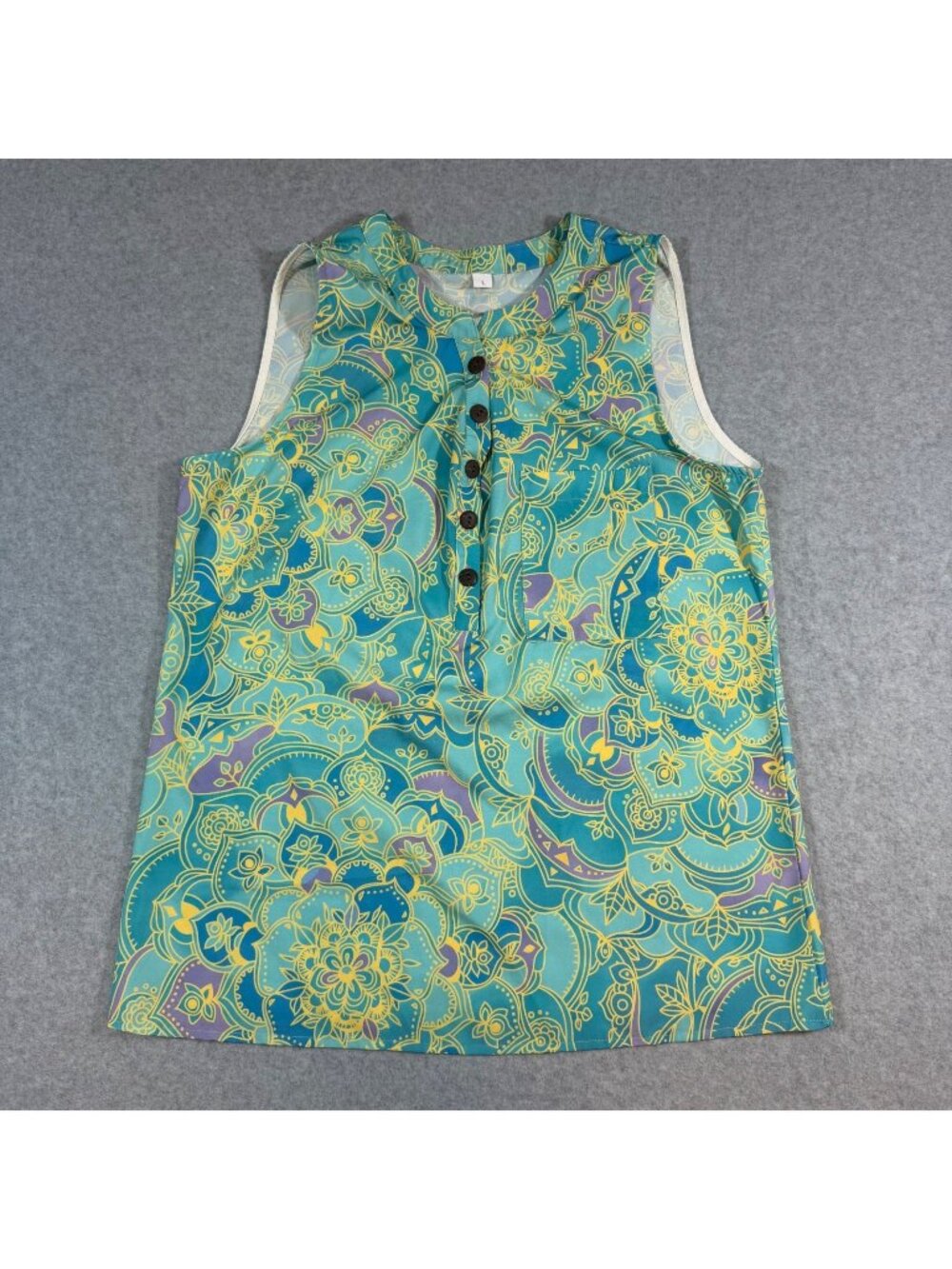 Women’s Size L Sleeveless Floral Tunic Top Blue Yellow Button Front Casual Blous